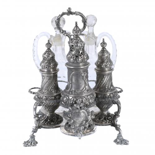 ENGLISH GEORGE III-STYLE LARGE CRUETS AND SPICE JARS STAND