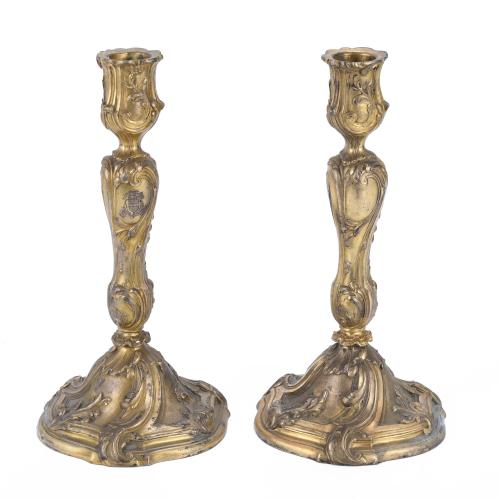 PAIR OF FRENCH GILT SILVER CANDLESTICKS, LOUIS XV STYLE, 19TH CENTURY.