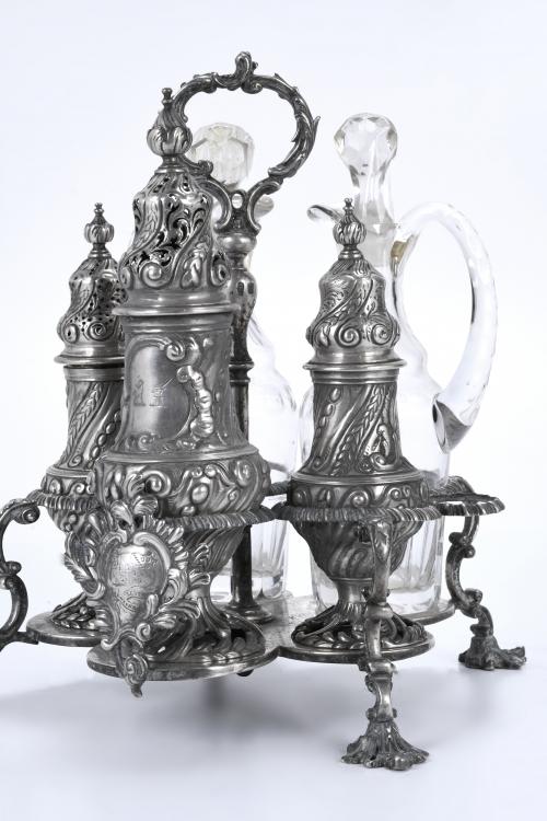 ENGLISH GEORGE III-STYLE LARGE CRUETS AND SPICE JARS STAND