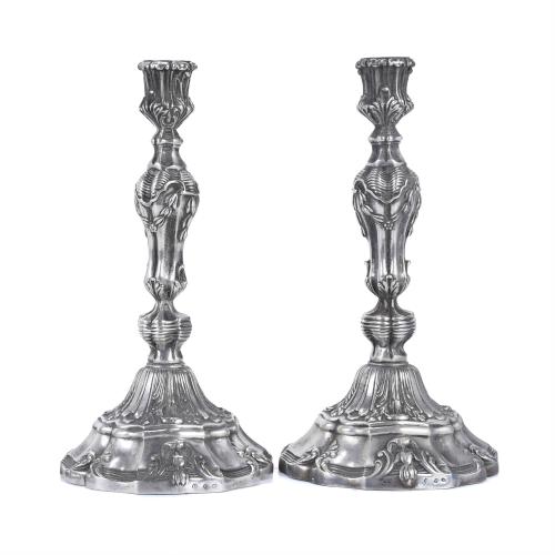 PAIR OF LOUIS XV STYLE SILVER CANDLESTICKS, PROBABLY FROM BARCELONA, 18TH CENTURY.