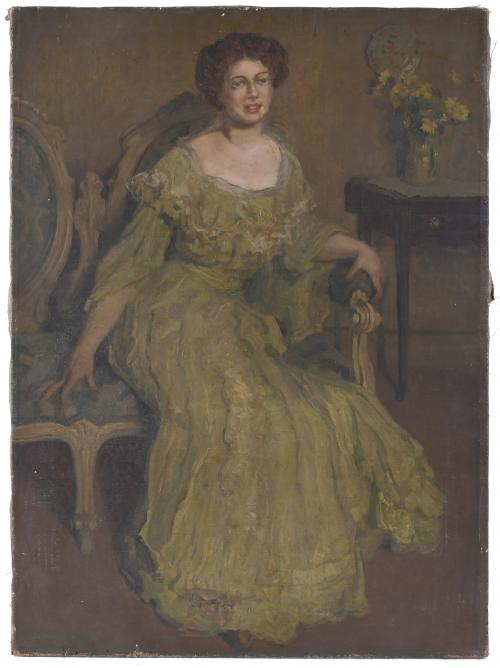 FRENCH SCHOOL, LATE 19TH-EARLY 20TH CENTURY. "LADY IN A GREEN INTERIOR".