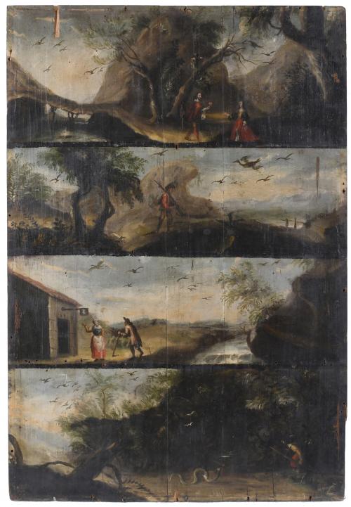 17TH. CENTURY SPANISH OR VICEREGAL SCHOOL. FOUR COURT AND HUNTING SCENES.