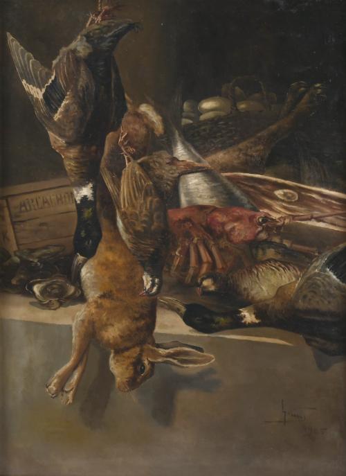 EARLY 20TH CENTURY SPANISH SCHOOL. "STILL LIFE WITH ANIMALS", 1905.