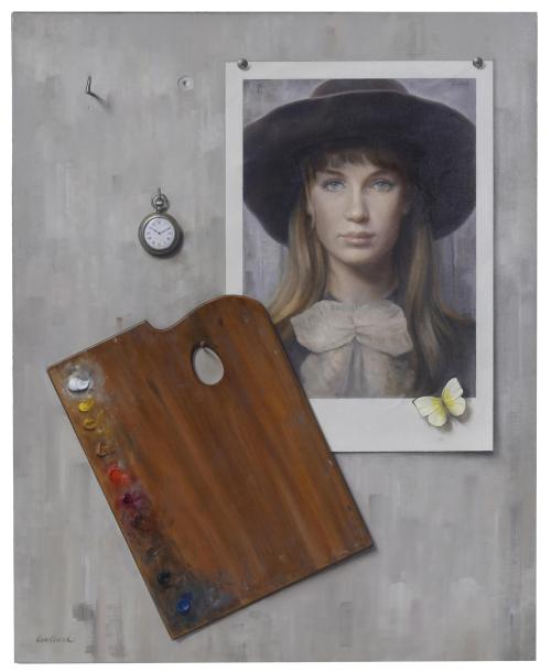 LLUÍS GALLART Y GARCIA (1922-1985). "TROMPE L'OEIL WITH FEMALE PORTRAIT AND PAINTER'S PALETTE".