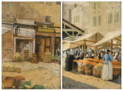 ARCADI CASANOVAS CLARAMUNT (19TH-20TH CENTURY). PAIR OF MARKET SCENES.