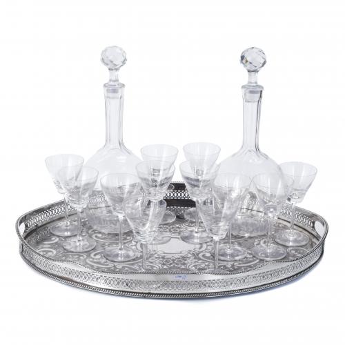 SET OF TWELVE GLASSES AND TWO DECANTERS BY LALIQUE MANUFACTURE AND ENGLISH TRAY WITH HANDLES, 20TH CENTURY.