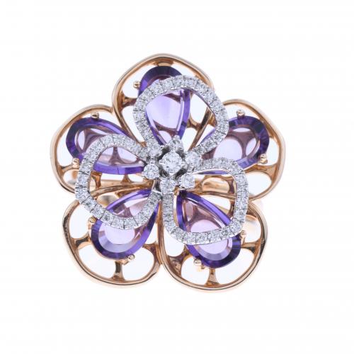 FLORAL RING WITH DIAMONDS AND AMETHYSTS.