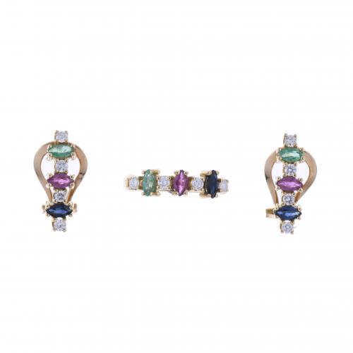 SET OF EARRINGS AND RING WITH SAPPHIRES, EMERALDS, RUBIES AND DIAMONDS.