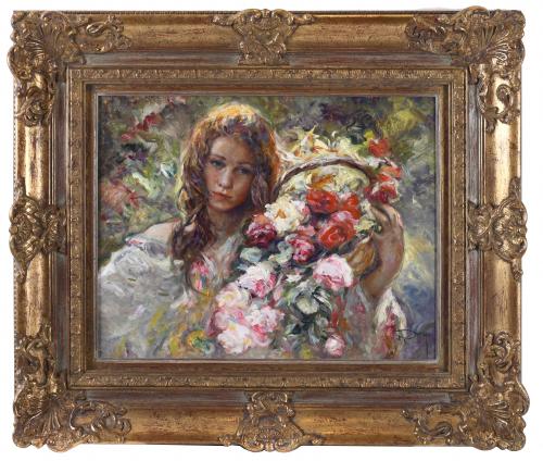 JOSÉ ROYO (1941).  "GIRL WITH A BASKET OF FLOWERS".