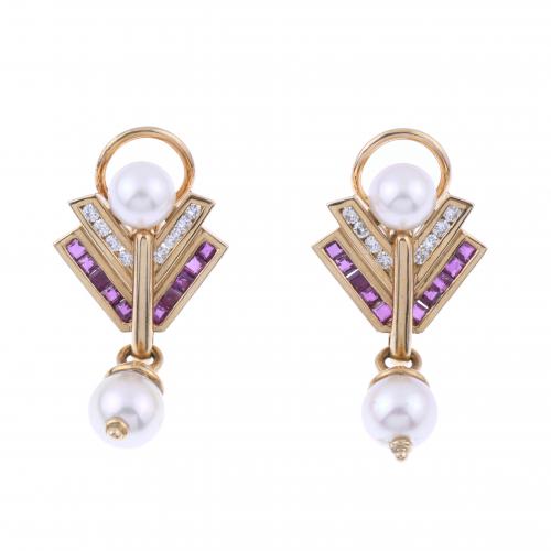 EARRINGS WITH DIAMONDS, RUBIES AND PEARLS.