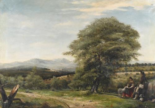 CANARIAN OR ANDALUSIAN SCHOOL, 19TH CENTURY. "LANDSCAPE WITH SHEPHERDS".