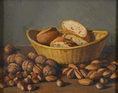 ENRIC PORTA (1901-1993). "BODEGÓN CON PAN, ALMENDRAS, NUECES Y AVELLANAS".