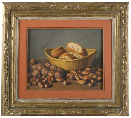 ENRIC PORTA (1901-1993). "BODEGÓN CON PAN, ALMENDRAS, NUECE