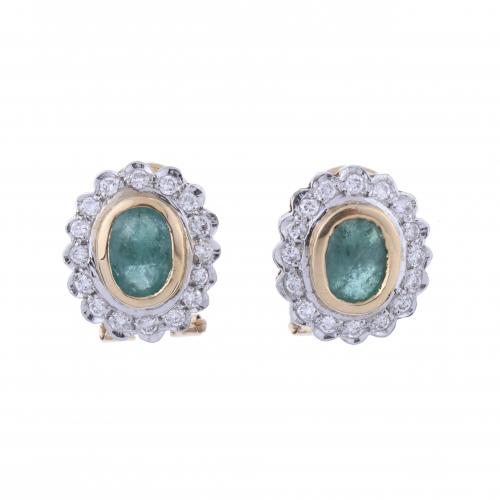 DIAMONDS AND EMERALDS ROSETTE EARRINGS.