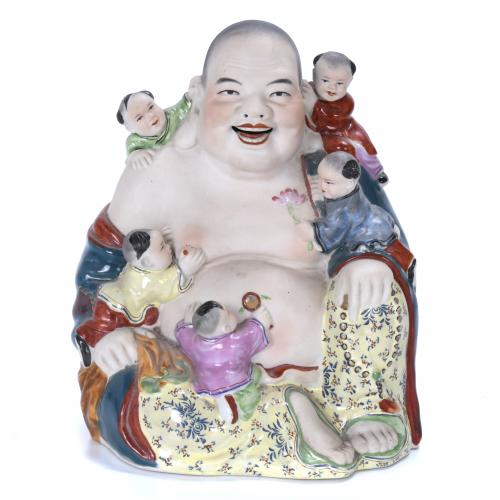 CHINESE SCHOOL, REPUBLIC PERIOD (1912-1949). "HOTEI" OR HAPPINESS BUDDHA WITH FIVE CHILDREN.