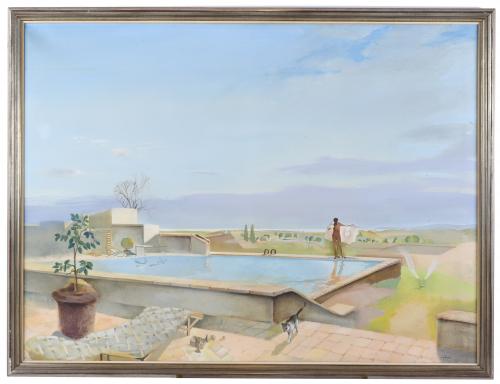 RAMON PUJOL BOIRA (1949). "PAISAJE CON JOVEN EN PISCINA Y GATO".