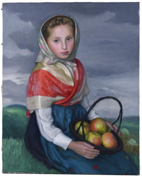 FERNANDO BRIONES (1905-1988). "ALDEANITA ASTURIANA CON MANZANAS", 1940.