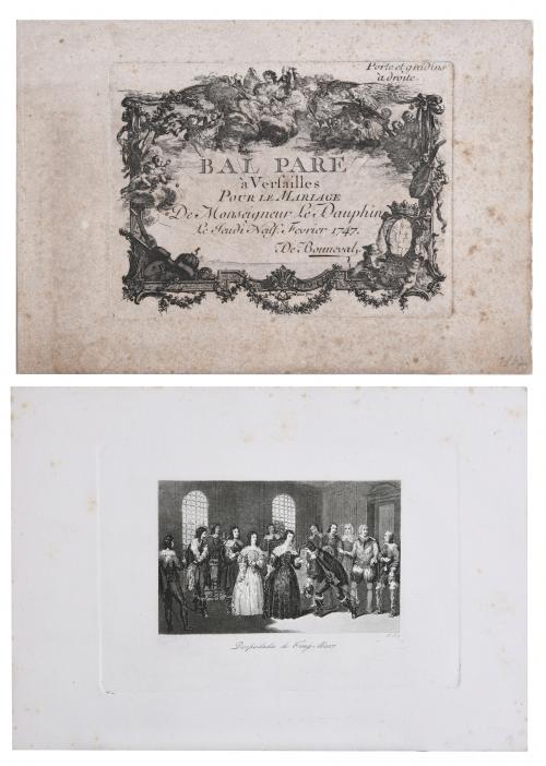 A PARTIR DE CHARLES-NICOLAS COCHIN (1715-1790) Y A. R.  DOS GRABADOS: "BAL PARÉ À VERSAILLES 1747" Y "DESPEDIDA DE CINQ-MARS". 