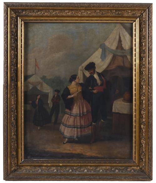 ESCUELA SEVILLANA, MEDIADOS SIGLOS XIX. "PAREJA DE MAJOS EN UNA FERIA", 1845.