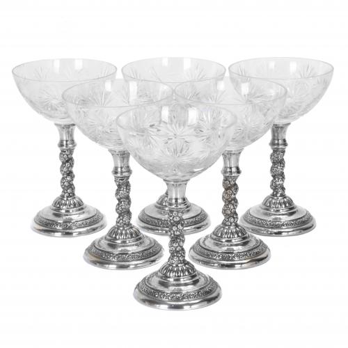 SET OF SIX SPANISH CAVA GOBLETS IN SILVER, MID 20TH CENTURY.