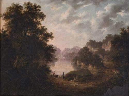 ROBERT WOODLEY-BROWN (act. 1840-1860). "LANDSCAPE WITH A LAKE AND FIGURES".