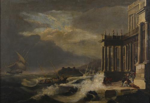 ATTRIBUTED TO 20TH CENTURY FRENCH SCHOOL. CHARLES Y HENRI BEAUBRUN WORKSHOP. "SHIPWRECK IN FRONT OF A CLASSICAL TEMPLE".