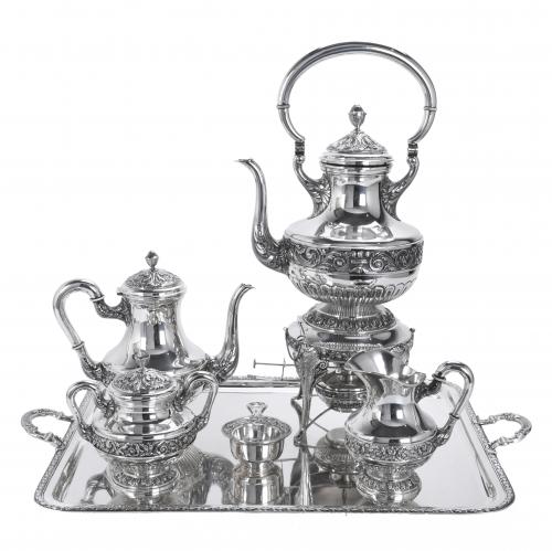 JUEGO DE CAFÉ CON SAMOVAR ARAGONÉS EN PLATA, MED. SIGLO XX.