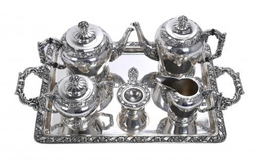 SPANISH SILVER COFFEE AND TEA SET, MID 20TH CENTURY.