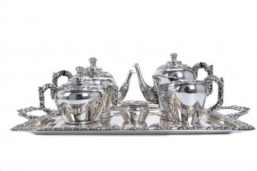 SPANISH SILVER COFFEE AND TEA SET, MID 20TH CENTURY.