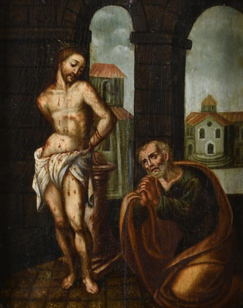 ESCUELA QUITEÑA, SIGLO XVI-XVII. "CRISTO ATADO A LA COLUMNA JUNTO A SAN PEDRO ARREPENTIDO".