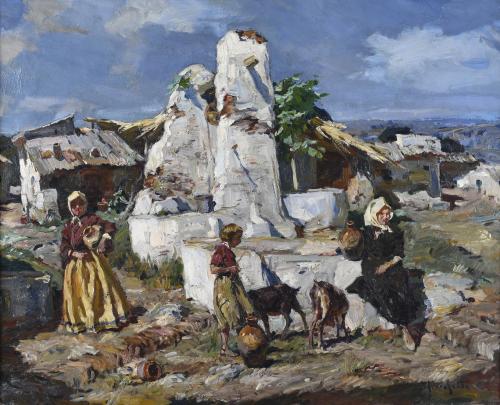 JOSEP SERRASANTA (1916-1998). "PUEBLO CON FIGURAS".