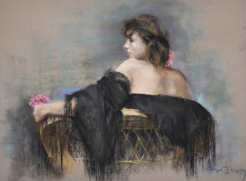 CAYETANO DE ARQUER BUIGAS (1932-2012). "ANA CON MANTÓN NEGRO Y SILLÓN AMARILLO" (Cerdanyola, 1993).