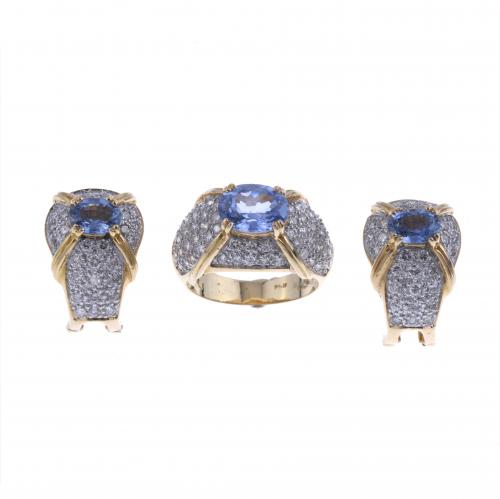 SAPPHIRE AND DIAMONDS RING AND EARRINGS SET.