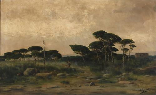 RICARDO MANZANET (1853-1939). "PAISAJE CON CAMPENSINA".