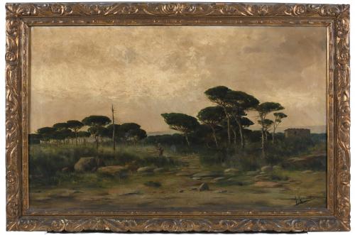 RICARDO MANZANET (1853-1939). "PAISAJE CON CAMPENSINA".