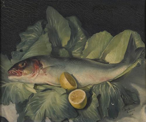 JUAN BORRÁS CASANOVA  (1909-1987). "NATURALEZA MUERTA CON PESCADO", 1946.