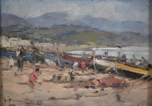 JOAQUIM TERRUELLA MATILLA (1891-1957). "BARCAS EN LA PLAYA", 1944.