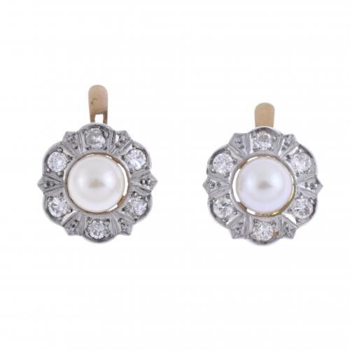 DIAMONDS AND PEARL ROSETTE EARRINGS.