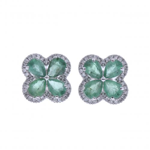 EMERALD AND DIAMONDS FLOWER EARRRINGS.