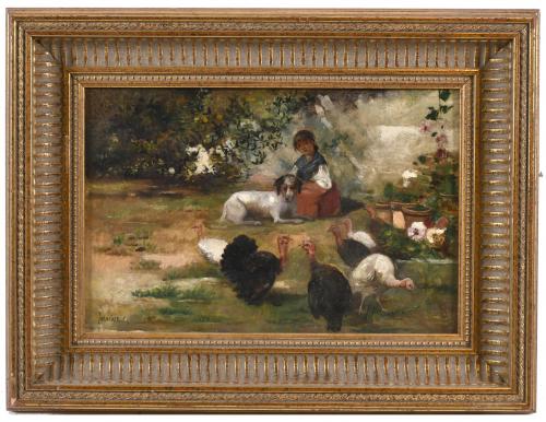 JOSÉ MARÍA JARDINES (1862 - ¿1932?). "NIÑA CON PAVOS".