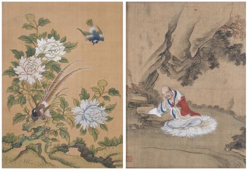 MID 20TH CENTURY CHINESE SCHOOL. "CHARACTER" AND "FLOWERS".