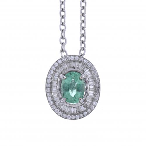 DIAMONDS AND EMERALD ROSETTE PENDANT.