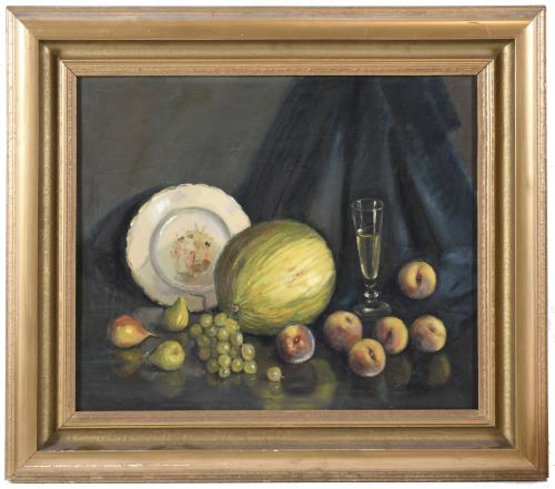 VICENTE RINCÓN (1892-1958). "BODEGÓN DE MELÓN, UVAS Y MELOC