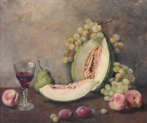 RAMON LAPORTA ASTORT (1888-1936). "BODEGÓN CON MELÓN, UVAS Y VASO DE VINO".