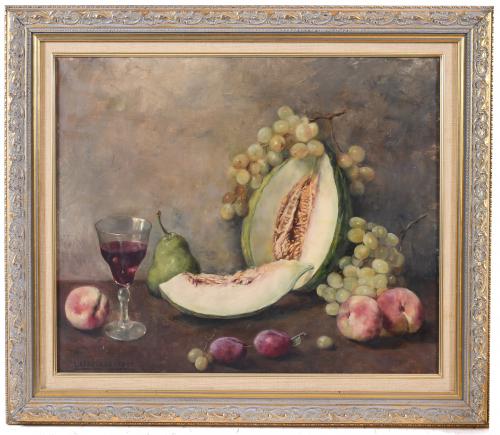 RAMON LAPORTA ASTORT (1888-1936). "BODEGÓN CON MELÓN, UVAS