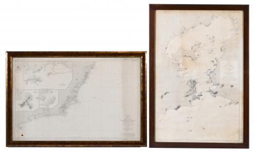 MADRID SCHOOL, LAST THIRD 19TH CENTURY. TWO NAUTICAL CHARTS OF BRAZIL: "PLAN OF THE PORT OF RIO DE JANEIRO" AND "BRAZIL FROM THE POINT OF SANTA CRUZ TO THE ISLAND OF SAN SEBASTIAN", 1869 and 1871.