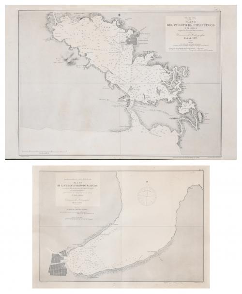 JOSÉ MARÍA GALVÁN (1837-1899), S. BREGANTE Y MARTÍNEZ (C. 1881-C-1921). DOS CARTAS NÁUTICAS DE CUBA: "ISLA DE CUBA. PLANO DEL PUERTO DE CIENFUEGOS Ó DE JAGUA" y "MAR DE LAS ANTILLAS - COSTA NORTE DE CUBA. PLANO DE LA CIUDAD Y PUERTO DE MATANZAS", 1879 y 1883.