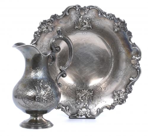 FRENCH SILVER JUG WITH BASIN, 1880-1903.