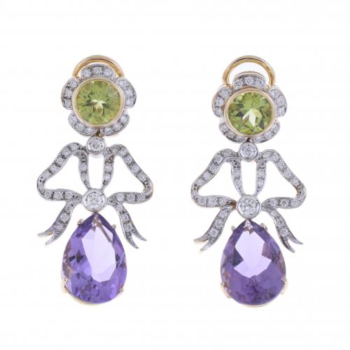 ELIZABETHAN STYLE EARRINGS WITH DIAMONDS AND GEMSTONES.