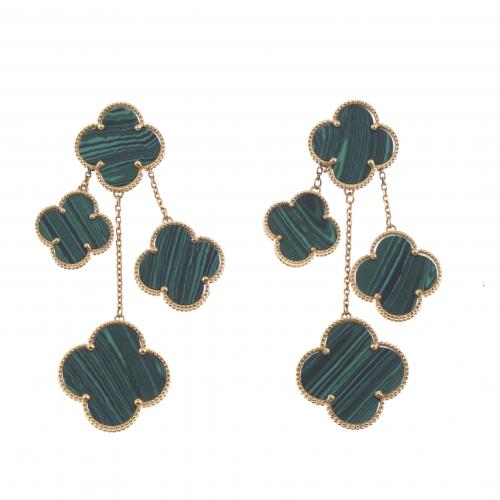 "VAN CLEEF" STYLE LONG EARRINGS WITH MALACHITE.